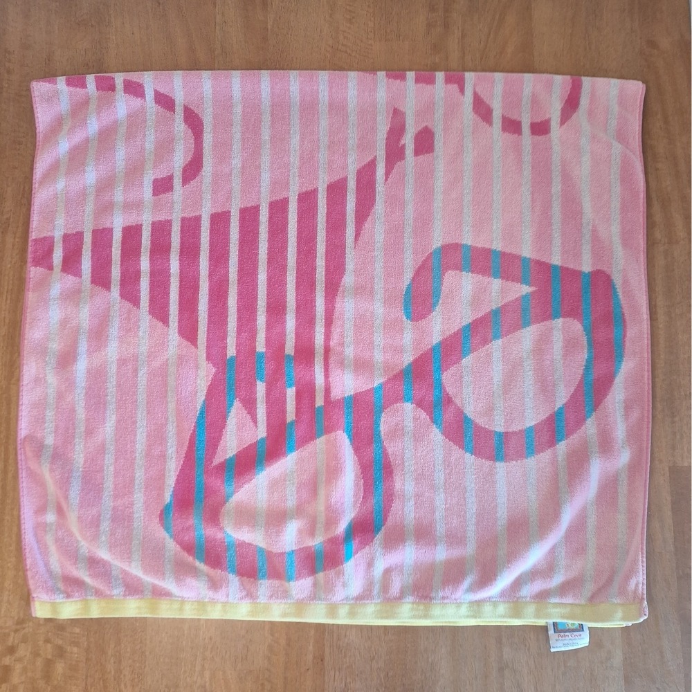 VTG 90s Palm Cove Tropix Beach Towel Double-Sided Stripes Neon Pink White Blue